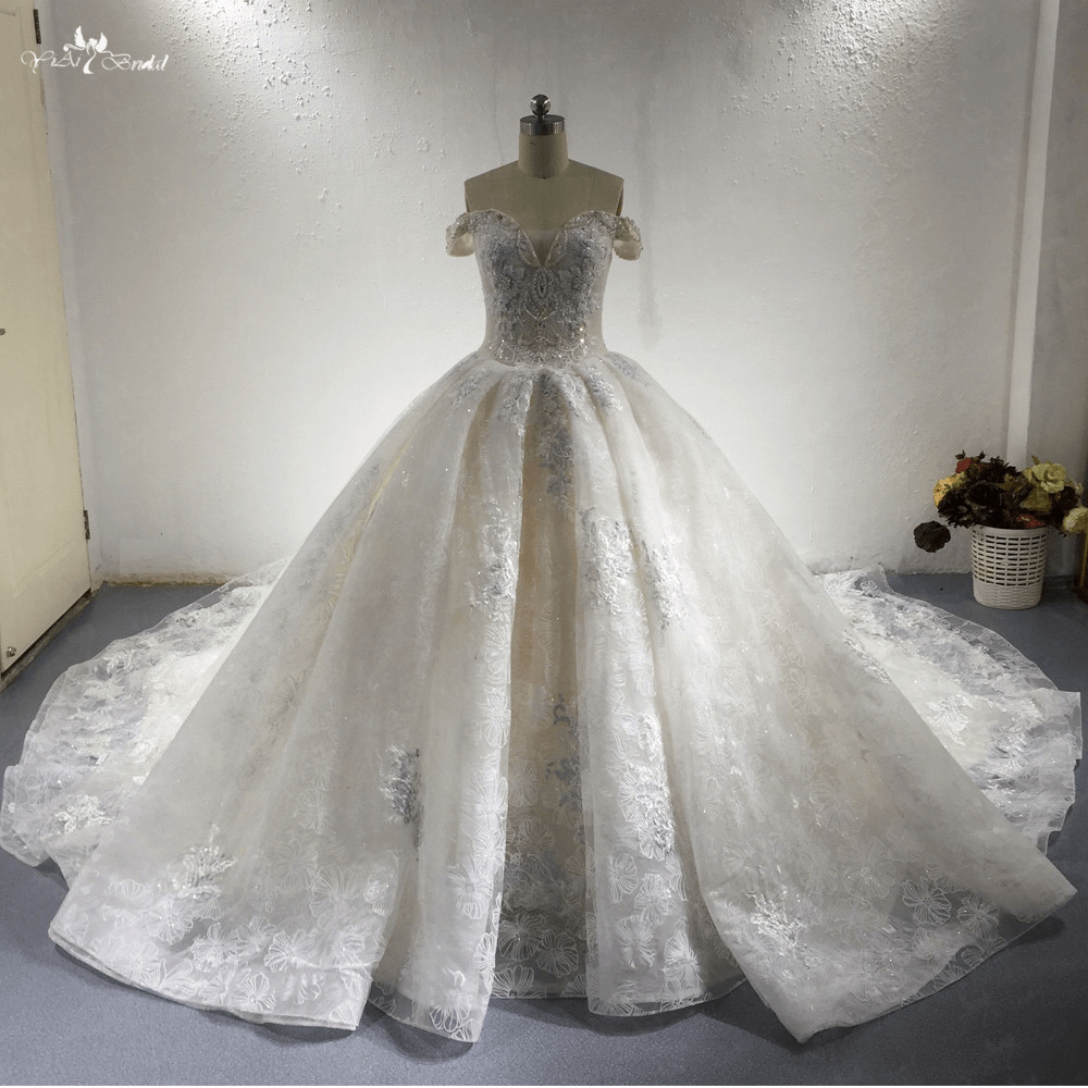 LZ285 Light Champagne Royal Train Wedding Dress Ruched Bridal Dresses Luxury Beaded Flowers Ball Gown Vestido De Noiva 7