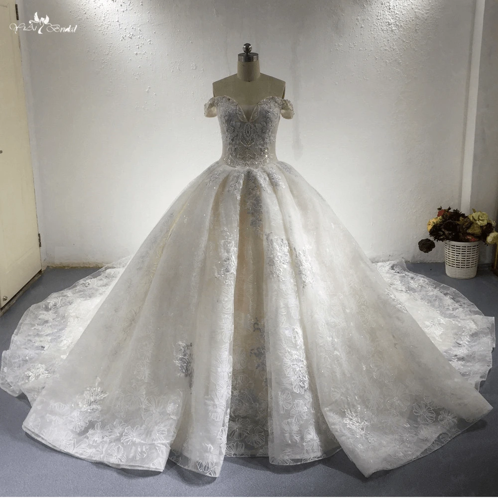 LZ285 Light Champagne Royal Train Wedding Dress Ruched Bridal Dresses Luxury Beaded Flowers Ball Gown Vestido De Noiva 1