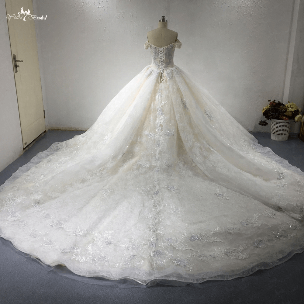 LZ285 Light Champagne Royal Train Wedding Dress Ruched Bridal Dresses Luxury Beaded Flowers Ball Gown Vestido De Noiva 8