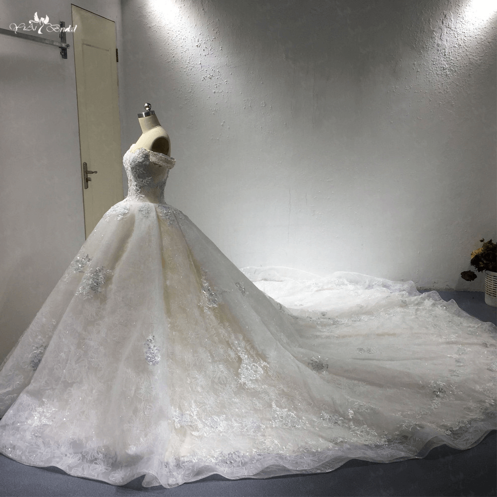 LZ285 Light Champagne Royal Train Wedding Dress Ruched Bridal Dresses Luxury Beaded Flowers Ball Gown Vestido De Noiva 10