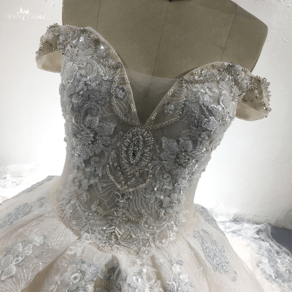 LZ285 Light Champagne Royal Train Wedding Dress Ruched Bridal Dresses Luxury Beaded Flowers Ball Gown Vestido De Noiva 9