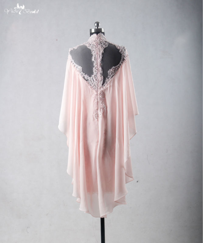 Pink Cocktail Dress Evening Dress RSE709 Chiffon Lace Applique Beaded High Neck Knee Length Mother Of The Bride Dress 7