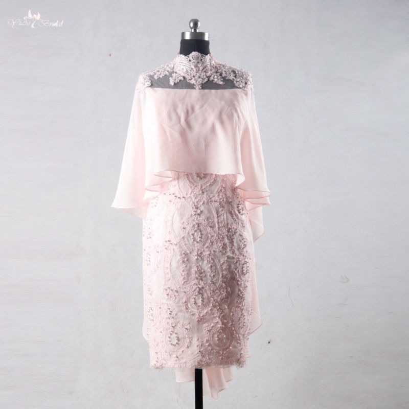 Pink Cocktail Dress Evening Dress RSE709 Chiffon Lace Applique Beaded High Neck Knee Length Mother Of The Bride Dress 9