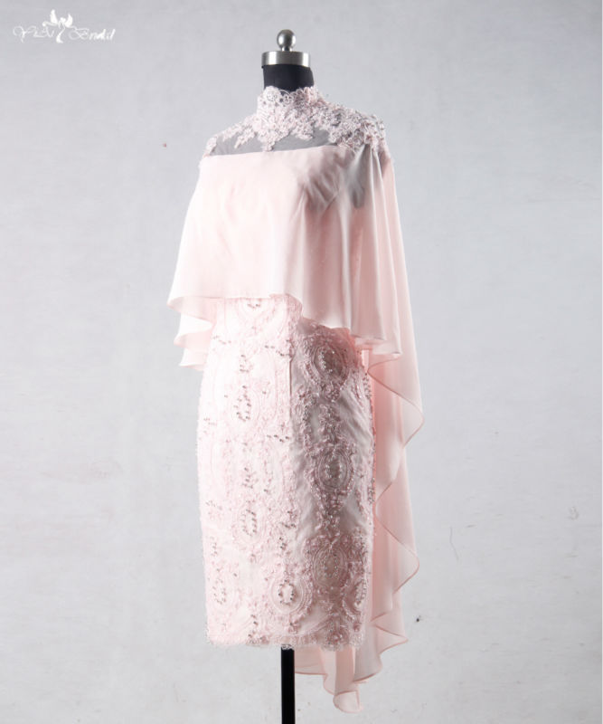 Pink Cocktail Dress Evening Dress RSE709 Chiffon Lace Applique Beaded High Neck Knee Length Mother Of The Bride Dress 10