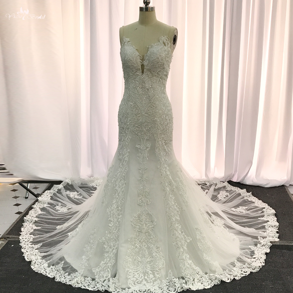 Nejlepší Sexy Illusion Zpět Špagetová ramínka Krajkový vzor Svatební šaty Mořská panna Tovární cena – Yiaibridal 11