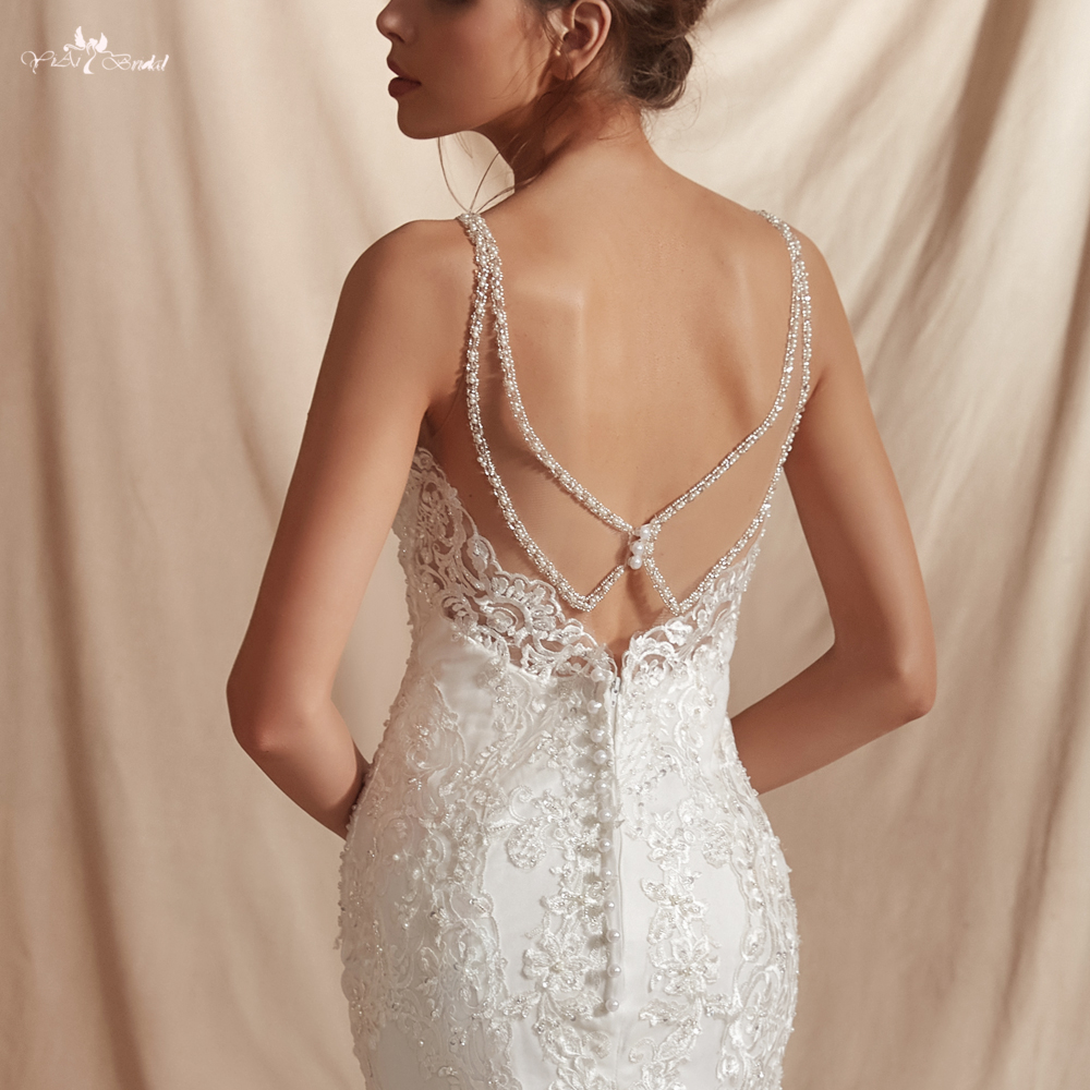 Nejlepší Sexy Illusion Zpět Špagetová ramínka Krajkový vzor Svatební šaty Mořská panna Tovární cena – Yiaibridal 9