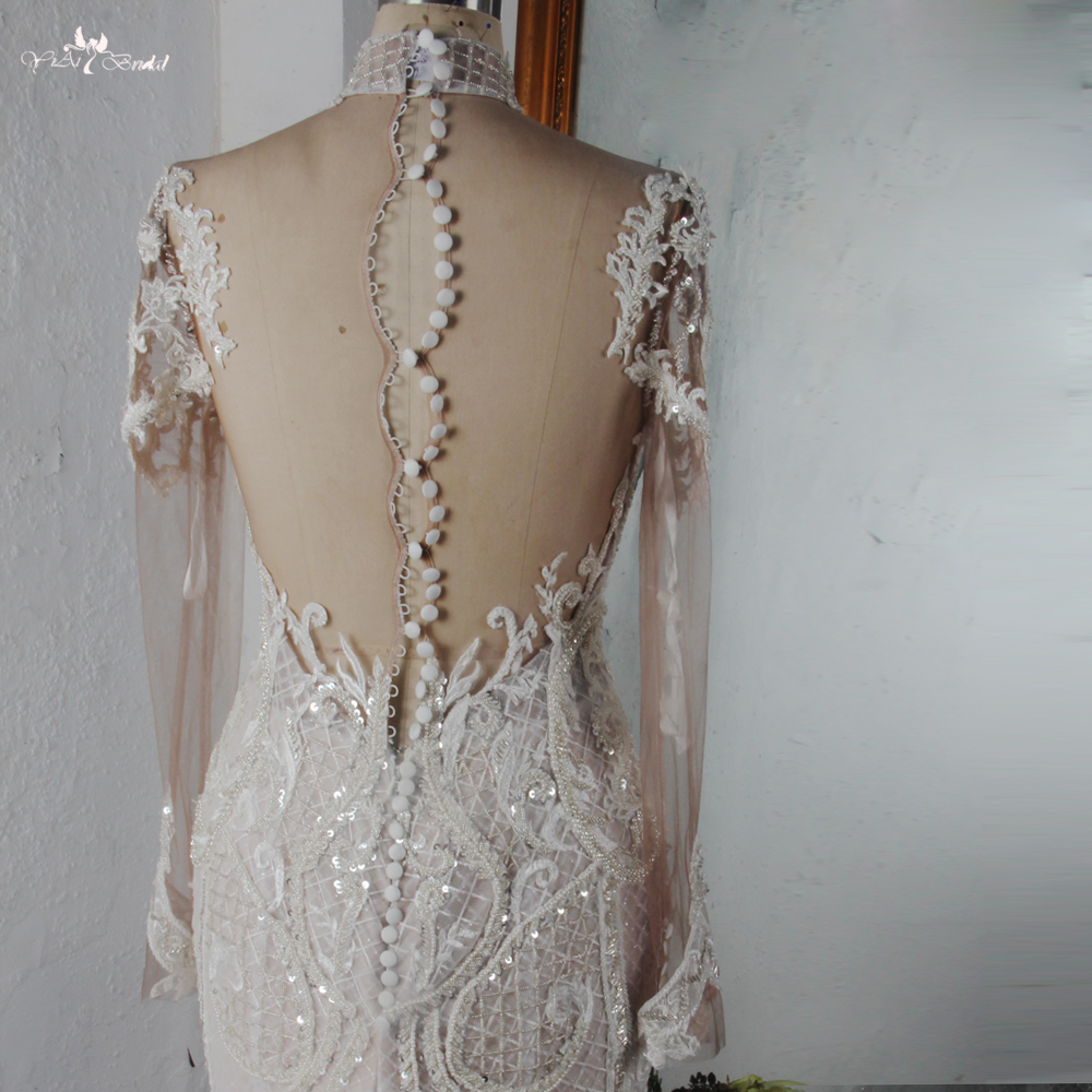 Luxusní těžké krajkové šaty Suknia Slubna Vysoký výstřih Dlouhé rukávy Iluze Záda Svatební šaty Mořská panna 10