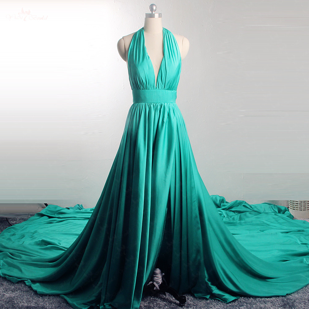 Teal Maxi Flying Dress For Greece Dubai Travel Photoshooting 3m Long Train RSE913 Sexy Bridesmaid Dress Halter Neckline High Open Leg Slit Backless 13