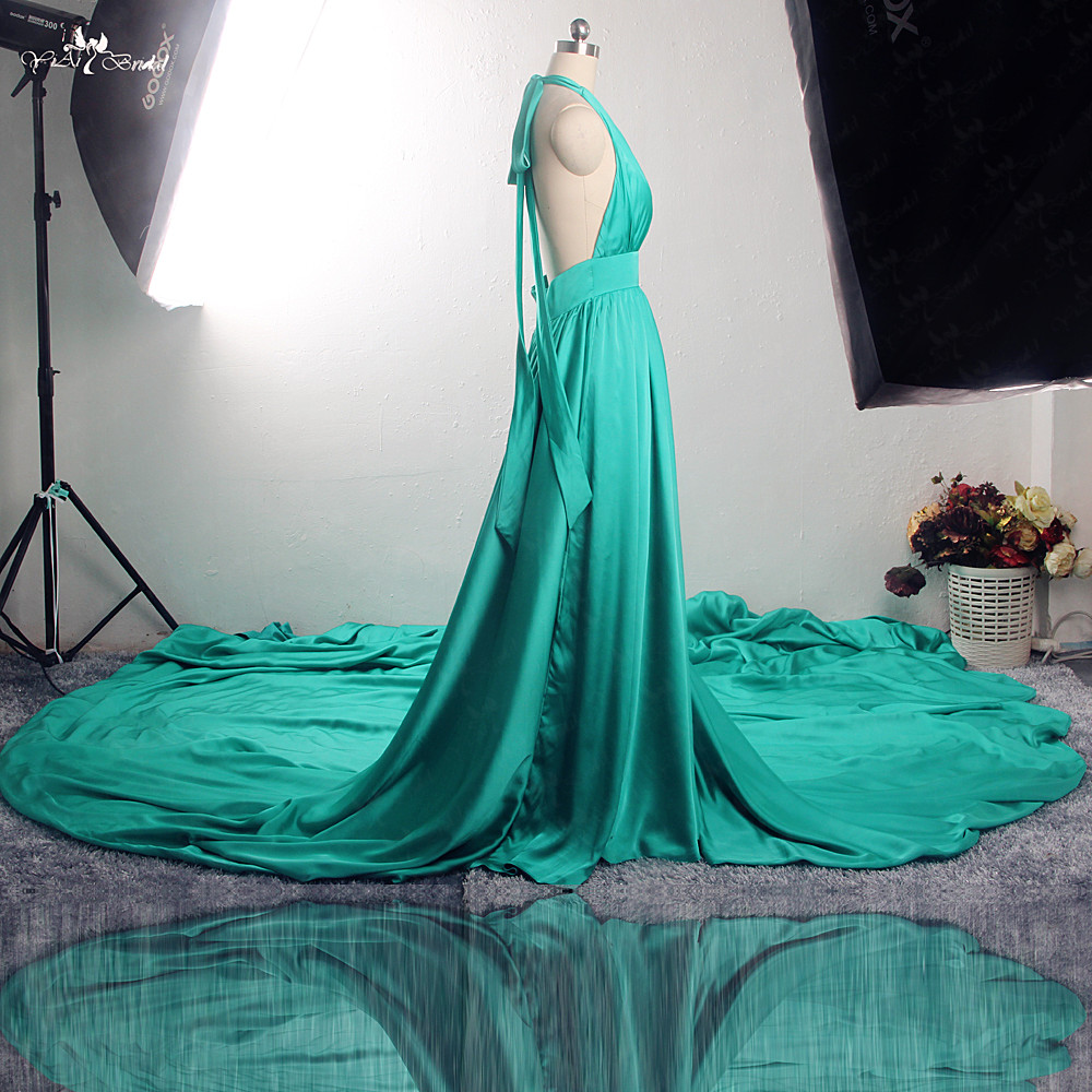 Teal Maxi Flying Dress For Greece Dubai Travel Photoshooting 3m Long Train RSE913 Sexy Bridesmaid Dress Halter Neckline High Open Leg Slit Backless 15