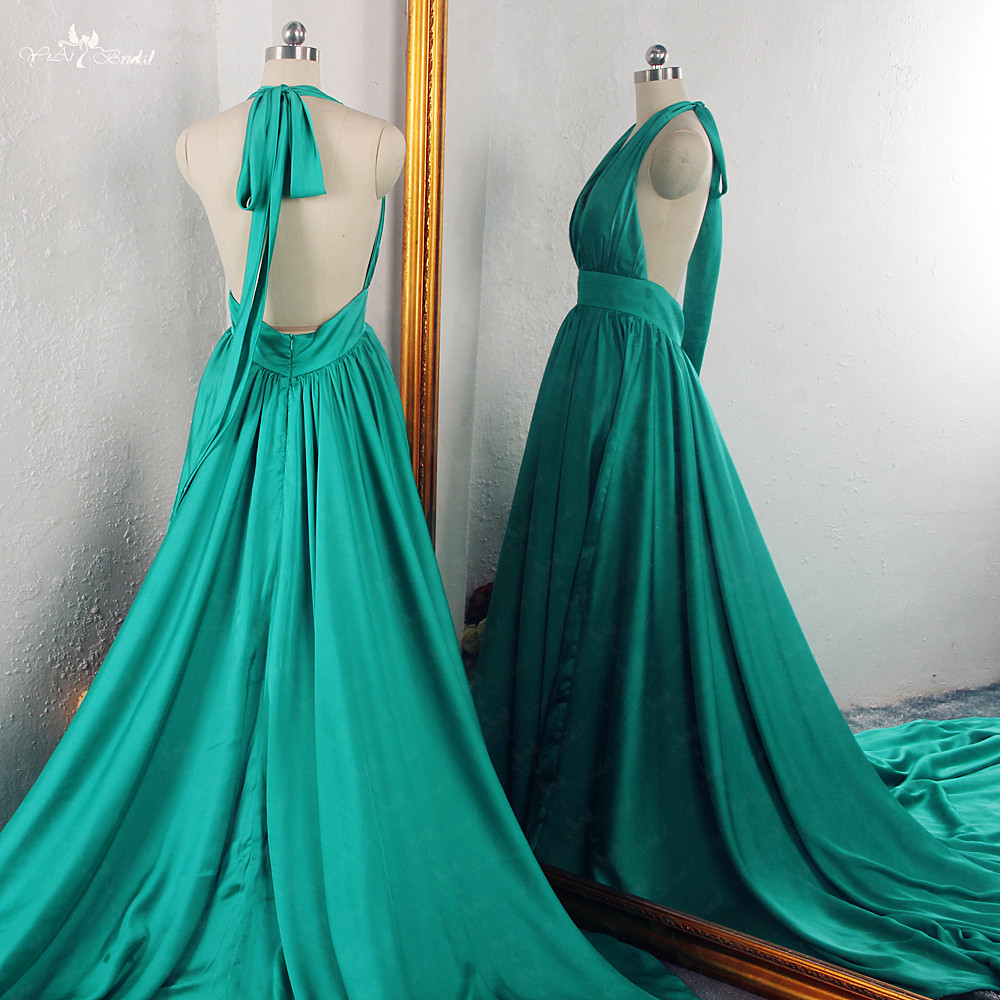 Teal Maxi Flying Dress For Greece Dubai Travel Photoshooting 3m Long Train RSE913 Sexy Bridesmaid Dress Halter Neckline High Open Leg Slit Backless 16