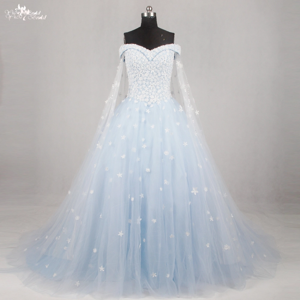 With Cape Shawl Princess Cinderella COSPLAY Bridal Ball Gown RSW1134 Off Shoulder White And Ice Baby Blue Prom Dresses 1