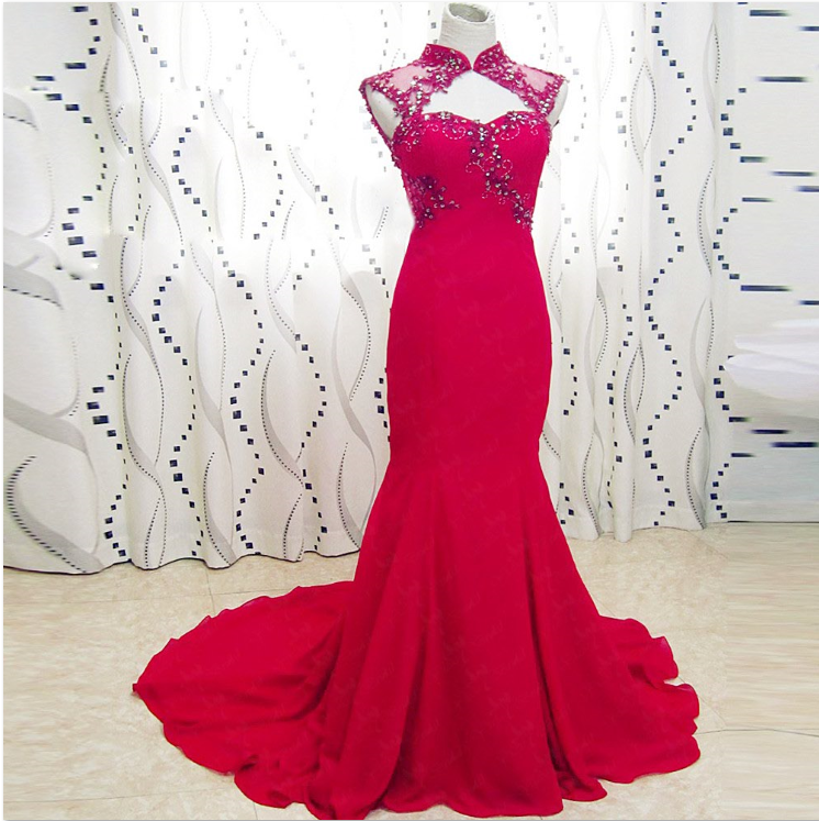 High Collar Sexy Open Back Red Long Cheongsam Mermaid Prom Dress RSE904 Evening dress 7