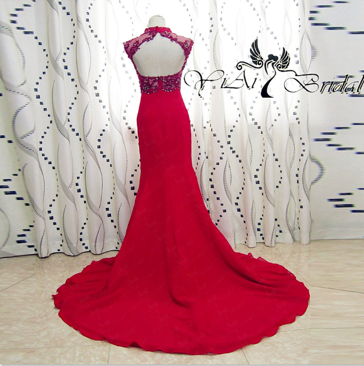 High Collar Sexy Open Back Red Long Cheongsam Mermaid Prom Dress RSE904 Evening dress 10