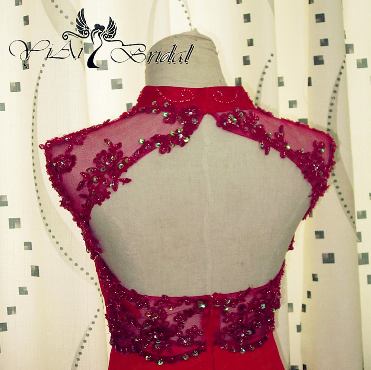 High Collar Sexy Open Back Red Long Cheongsam Mermaid Prom Dress RSE904 Evening dress 9