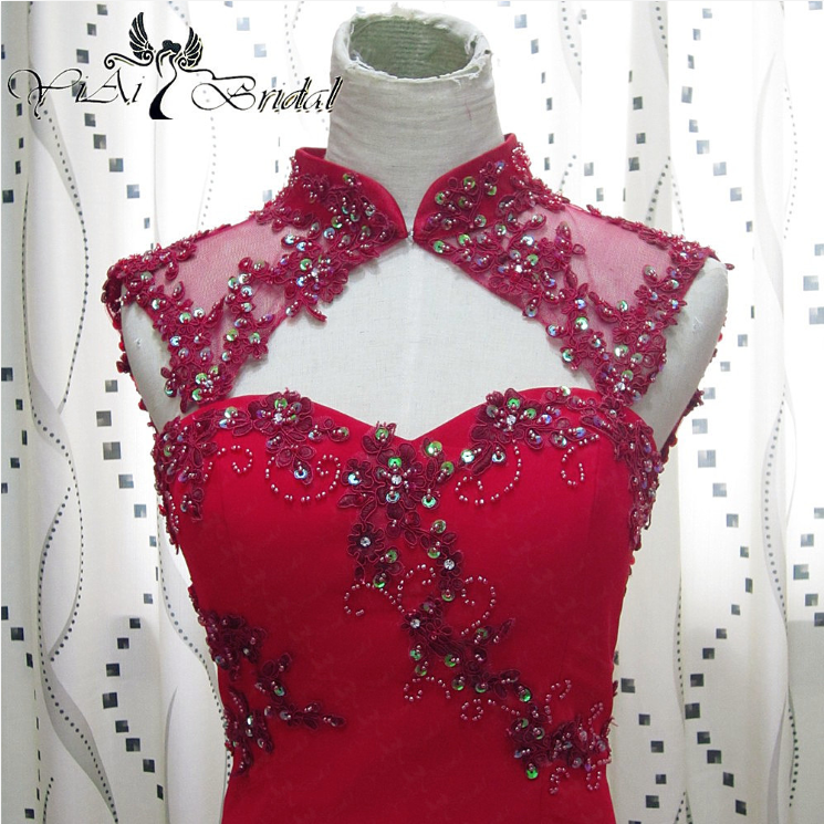 High Collar Sexy Open Back Red Long Cheongsam Mermaid Prom Dress RSE904 Evening dress 8