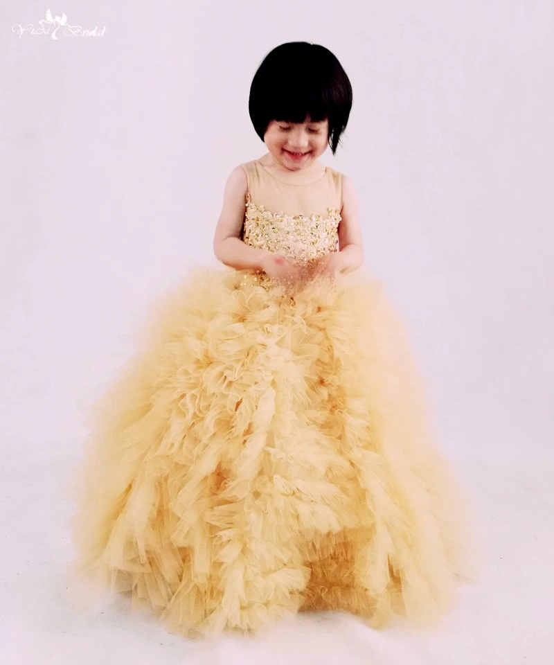 חצאית טול נפוחה זהב פרח תינוקות בנות ארוכות שמלות כלה ילדים FG6 1