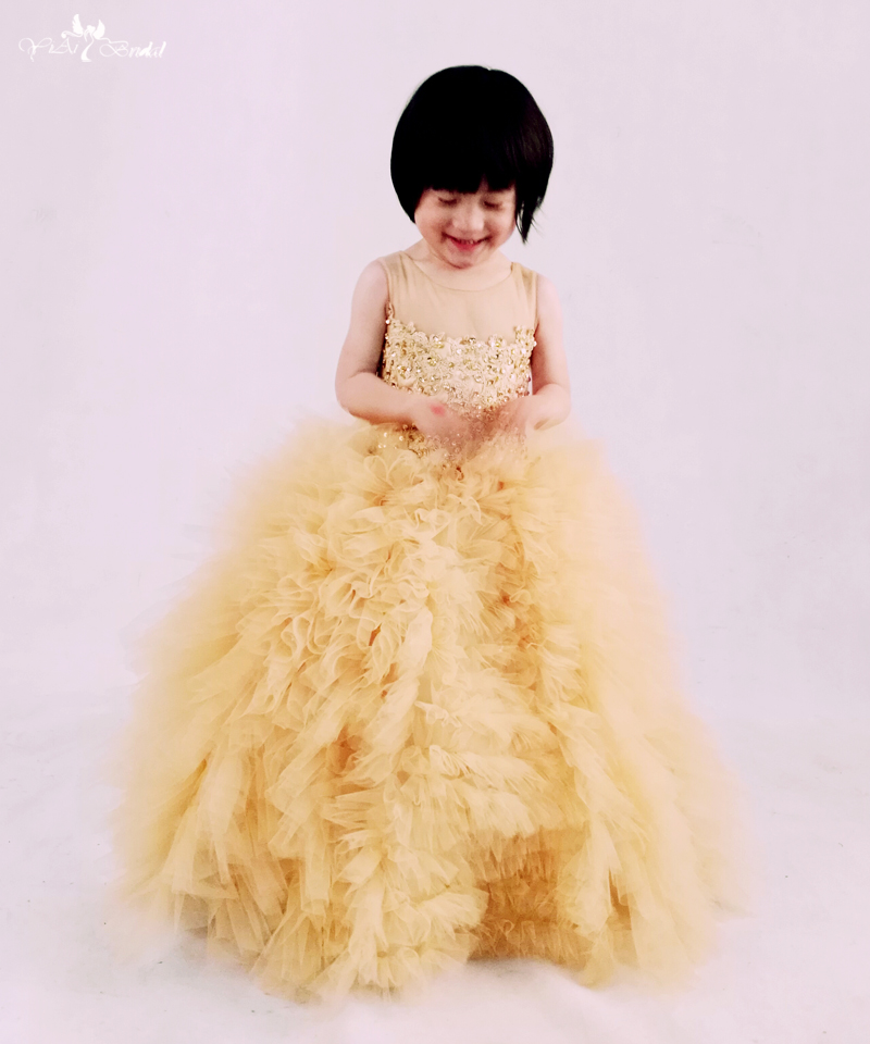 חצאית טול נפוחה זהב פרח תינוקות בנות ארוכות שמלות כלה ילדים FG6 2