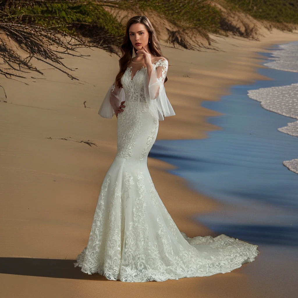 Elegante abito da sposa a sirena con maniche a tromba 1