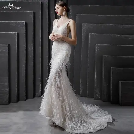 New Design Light Champagne Mermaid Wedding Dress Beaded