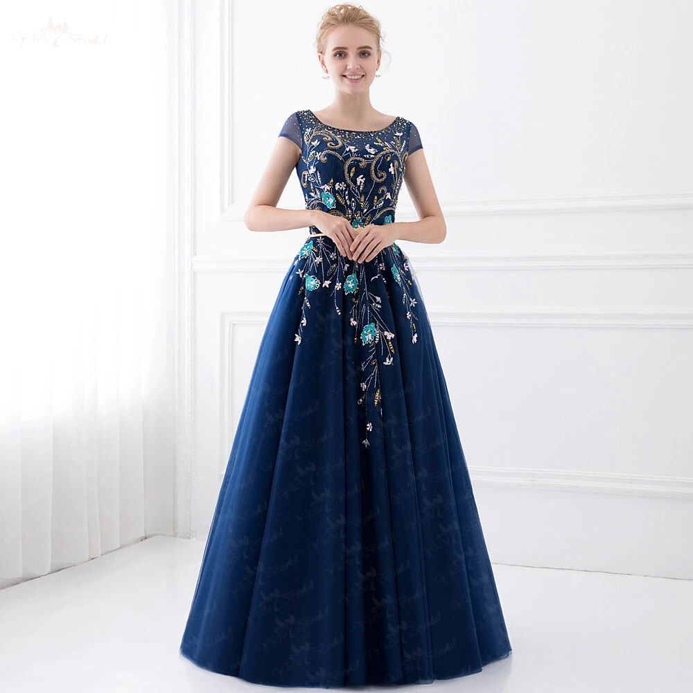 LZF012 Cape Sleeves Boat Neckline Beaded Embroideried Navy Blue Prom Dresses 1