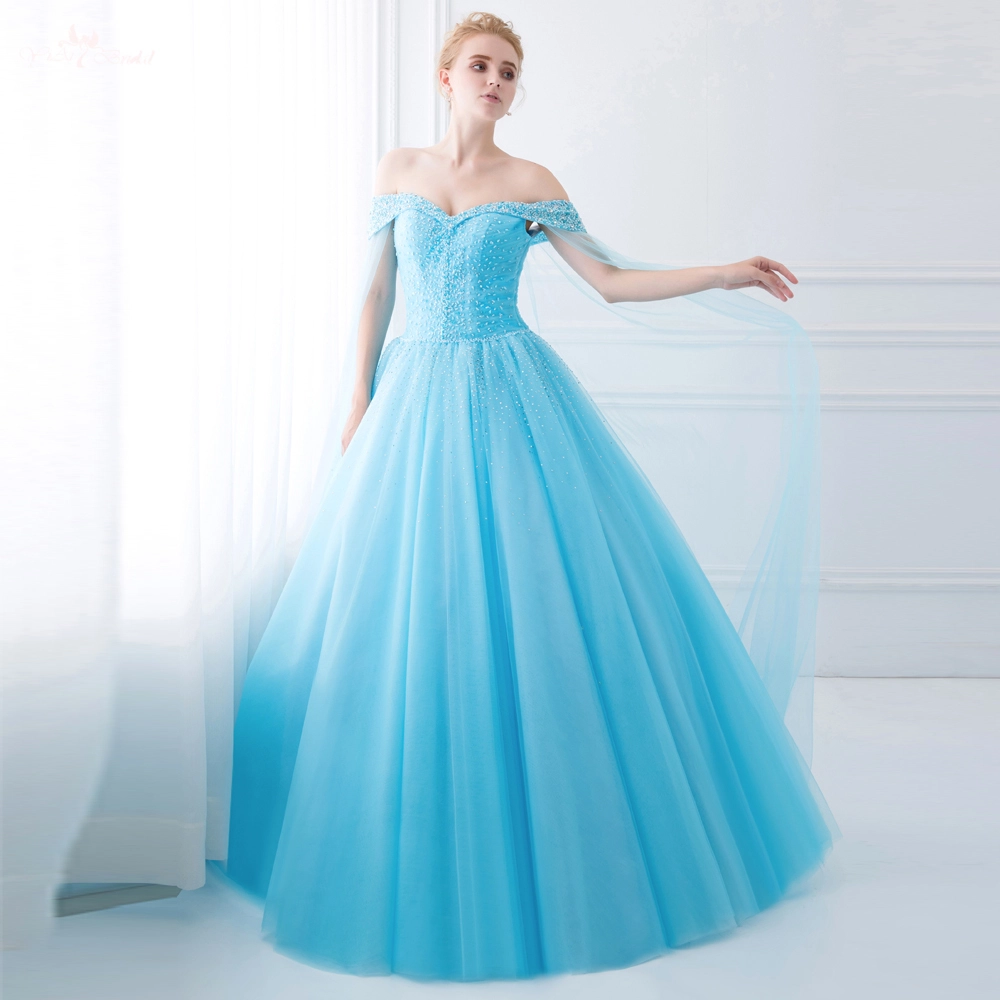 Off The Shoulder Princess Bule Prom Dresses With Cape 1