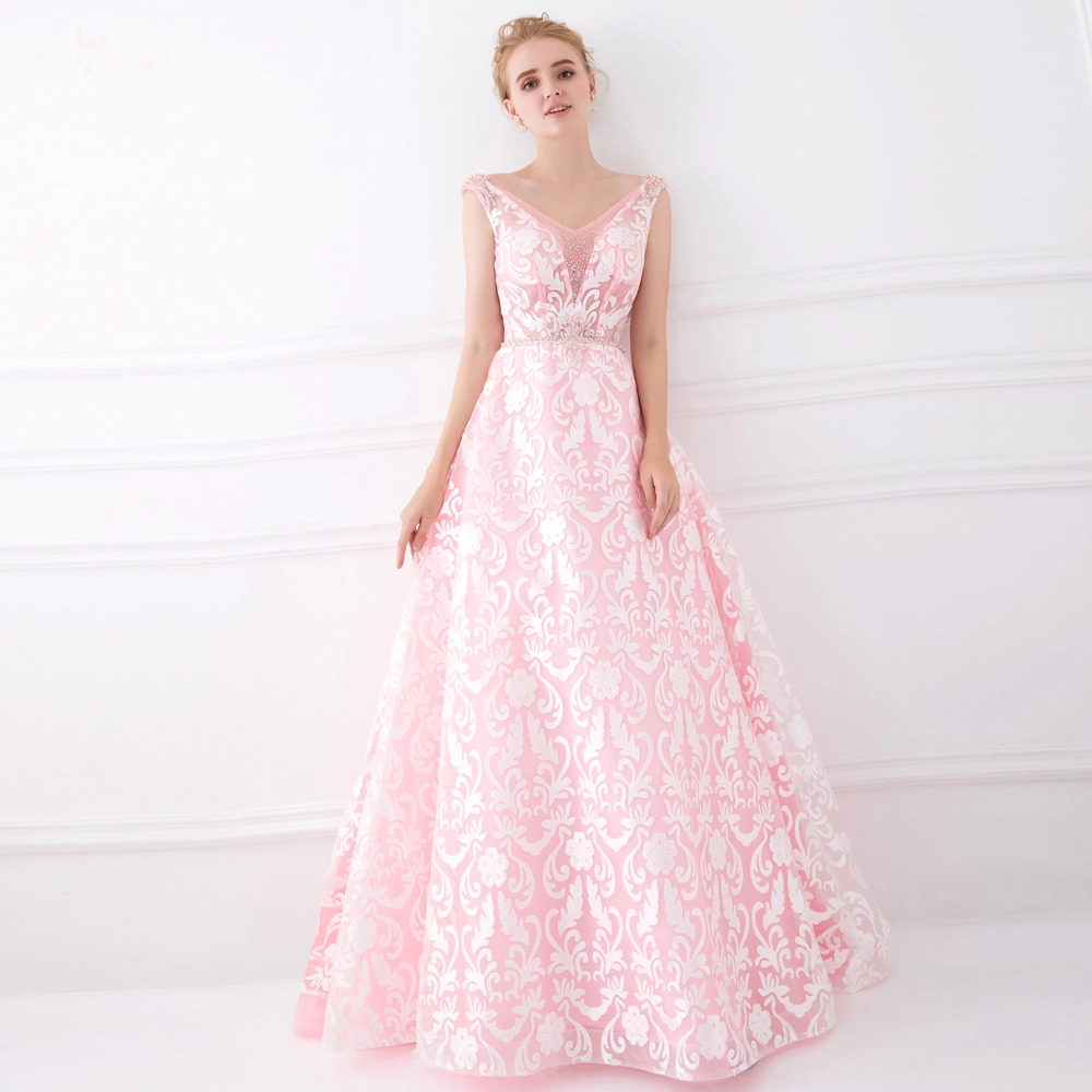 Pink Deep-V Lace Sleeveless Sexy Evening Dresses 1