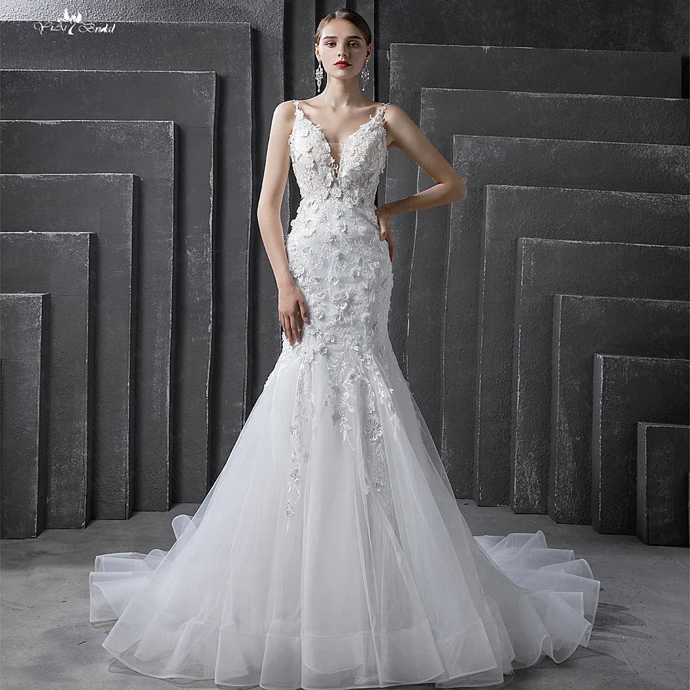 Real Pictures Yiaibridal V Neckline Mermaid Wedding Dresses with