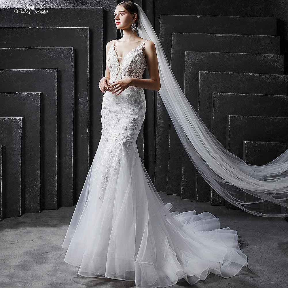 Real Pictures Yiaibridal V Neckline Mermaid Wedding Dresses with