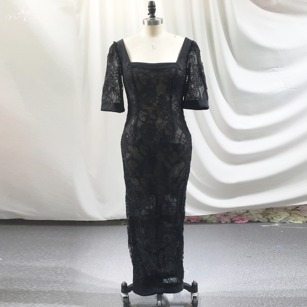 Black Square Neckline Half Sleeves Lace French Sexy Bodycon Midi Dress Black Prom Dresses Column Gown With Slit 1