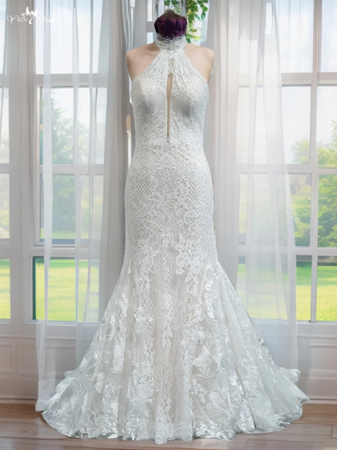 RSW2105 Halter Neck Lace Applique Abito da sposa sirena senza schienale con treno sweep 1