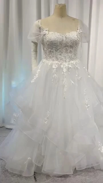 Plus size Off Shoulder Lace Floral Appliques Ball Gown RSW2272 Organza Ruffle Layers Skirt Wedding Dress 1