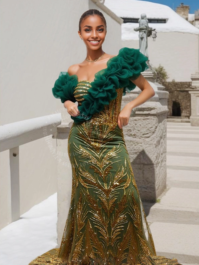 Green And Gold One Shoulder Oraganza Straps Mermaid Evening Gown RSE958 Formal Dress For Lady 1