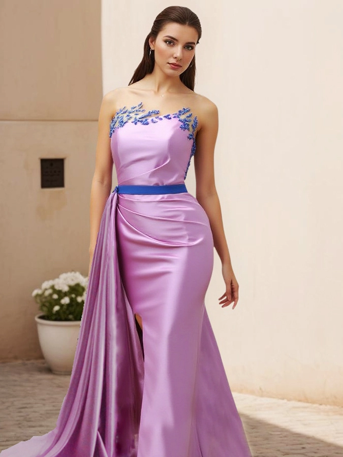 Elegant Lilac Satin Couture Dresses RSE973 Women Mother Of The Bride Party Dress Plus Size Mermaid Evening Dress With Slit 1