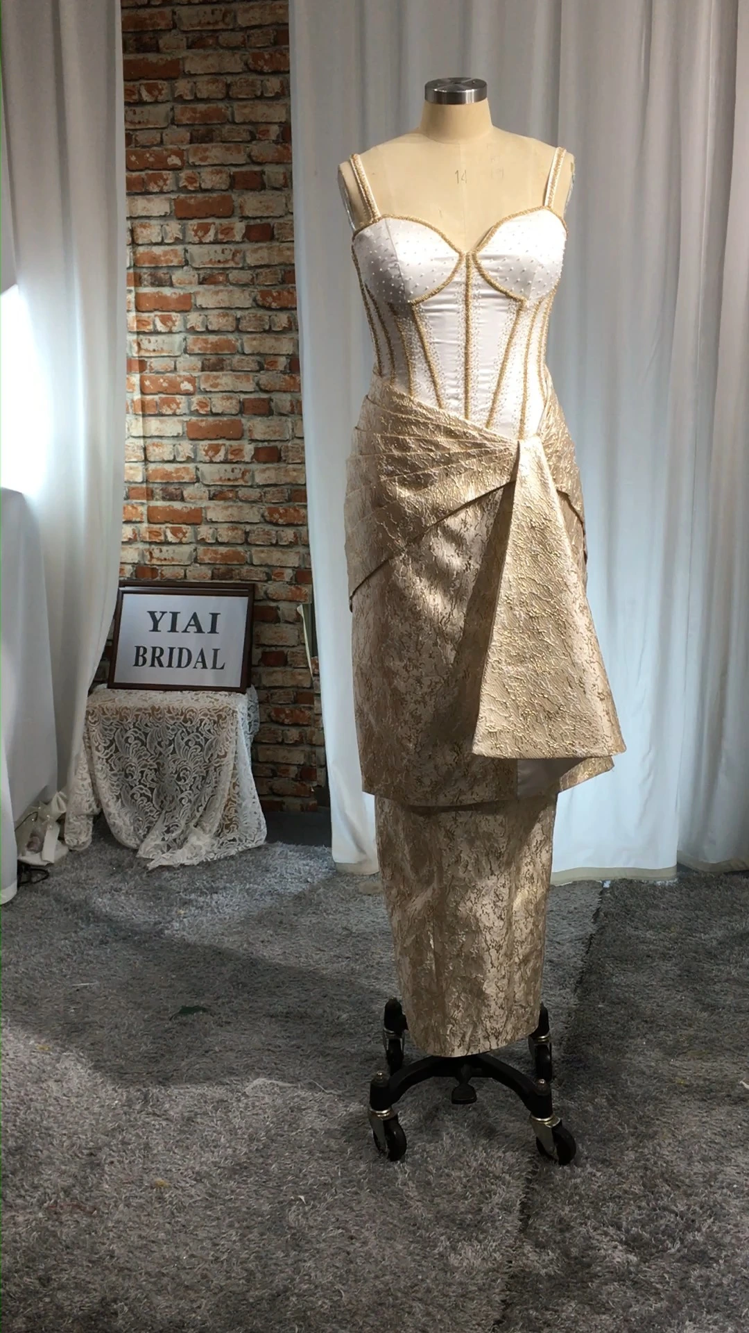 Custom Basque Waist Corset Beaded Bones Print Satin Champagne Recepetion Dress RSE988 Prom Dress 1