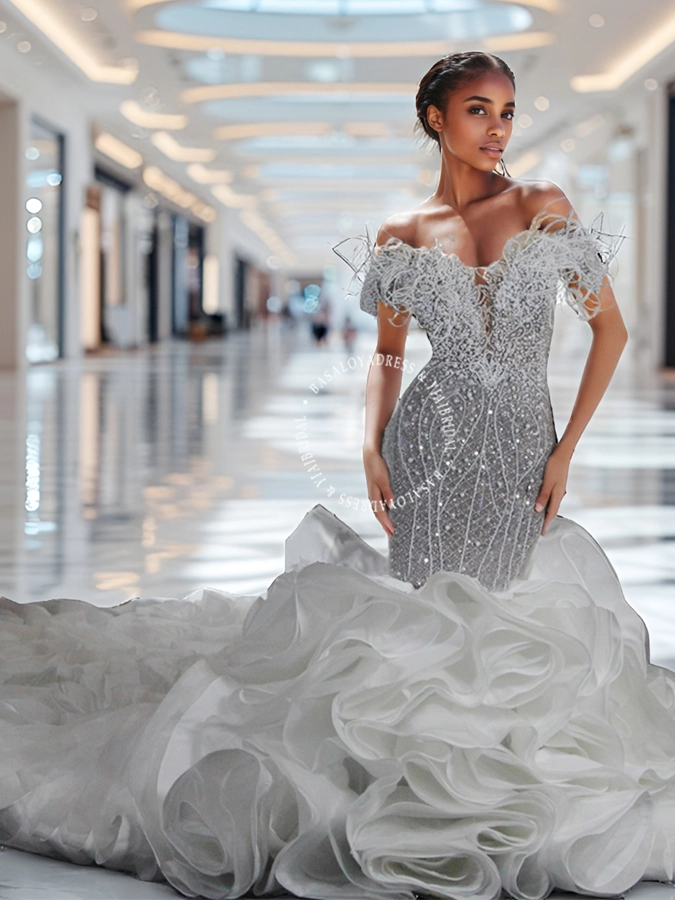 Luxury Exaggrated Bridal Gowns RSW1851 Mermaid Ruffles Skirt Detachable Train With Pearls Beading Off Shoulders 1