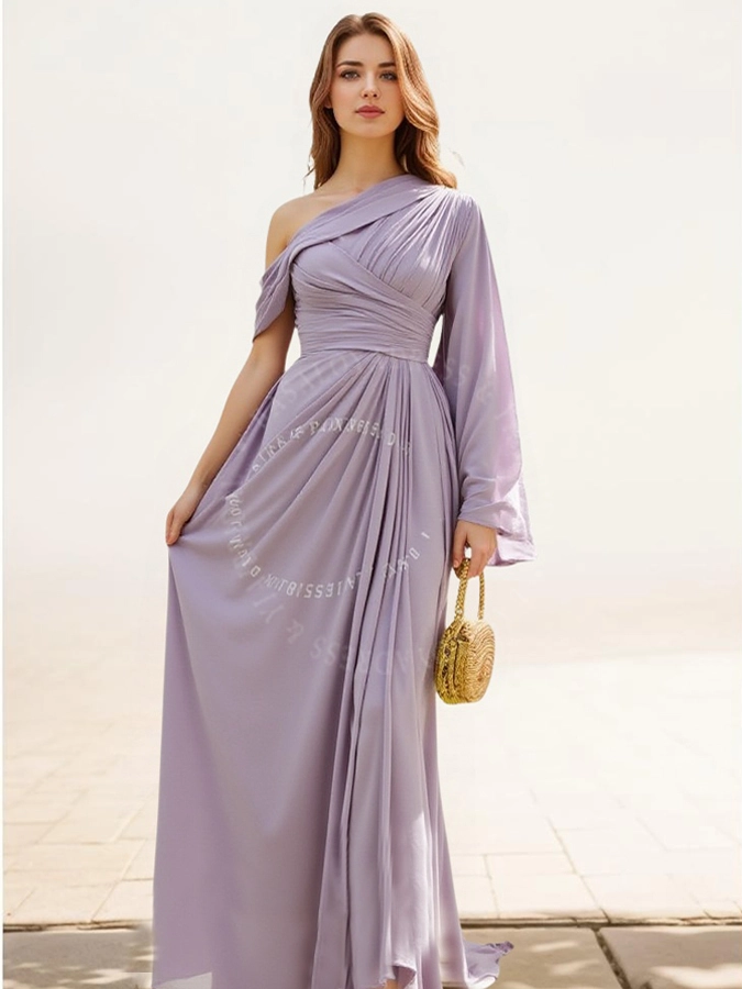 Women's Cloak Sleeve Wrap Hem Prom Dress RSE965 One Shoulder Lilac Chiffon Long Evening Dresses 1