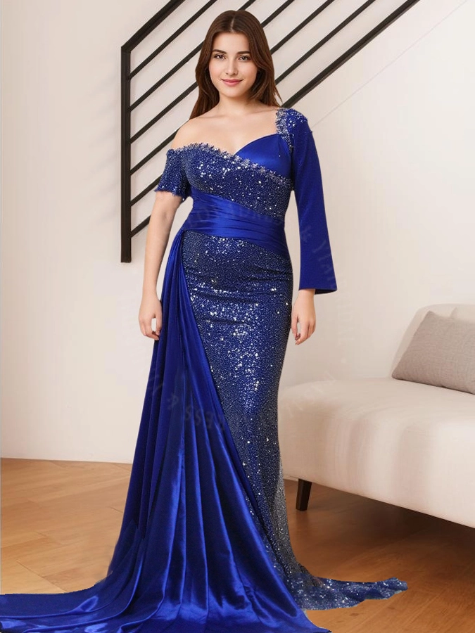 One Sleeves Glitter Evening Dress RSE951 Sweep Train Sparkly Navy Blue Prom Dresses 1