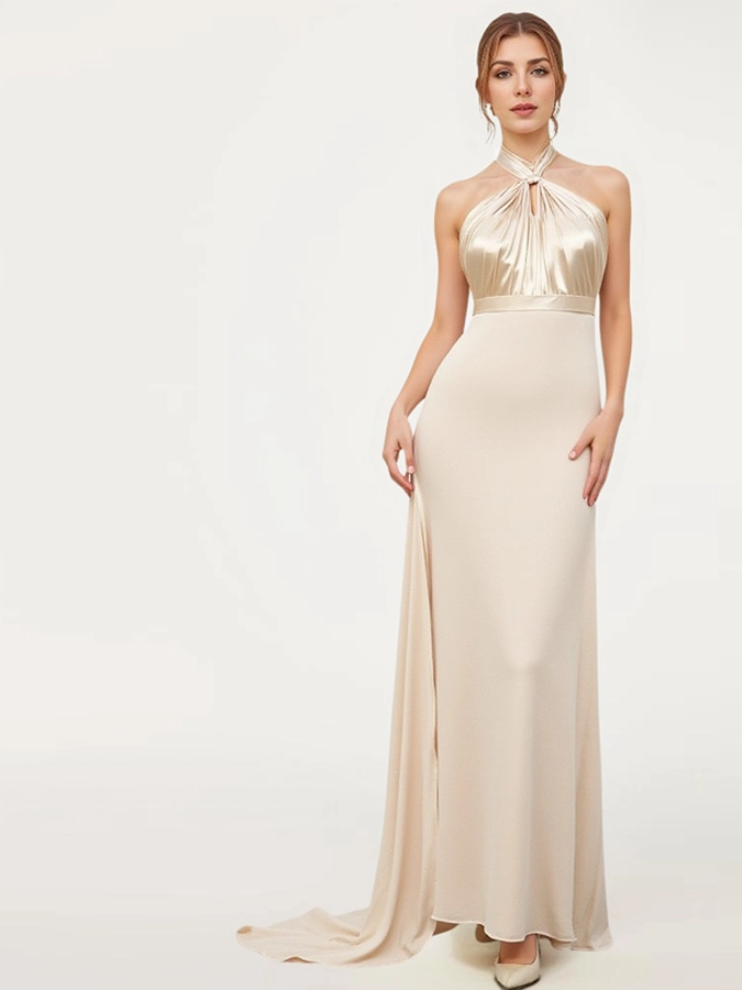 Summer Sexy Satin Chiffon Halter Maxi Dress for Women LZF141 Champagne Elegant Sleeveless Neck Twist Wedding Guest Dresses 1