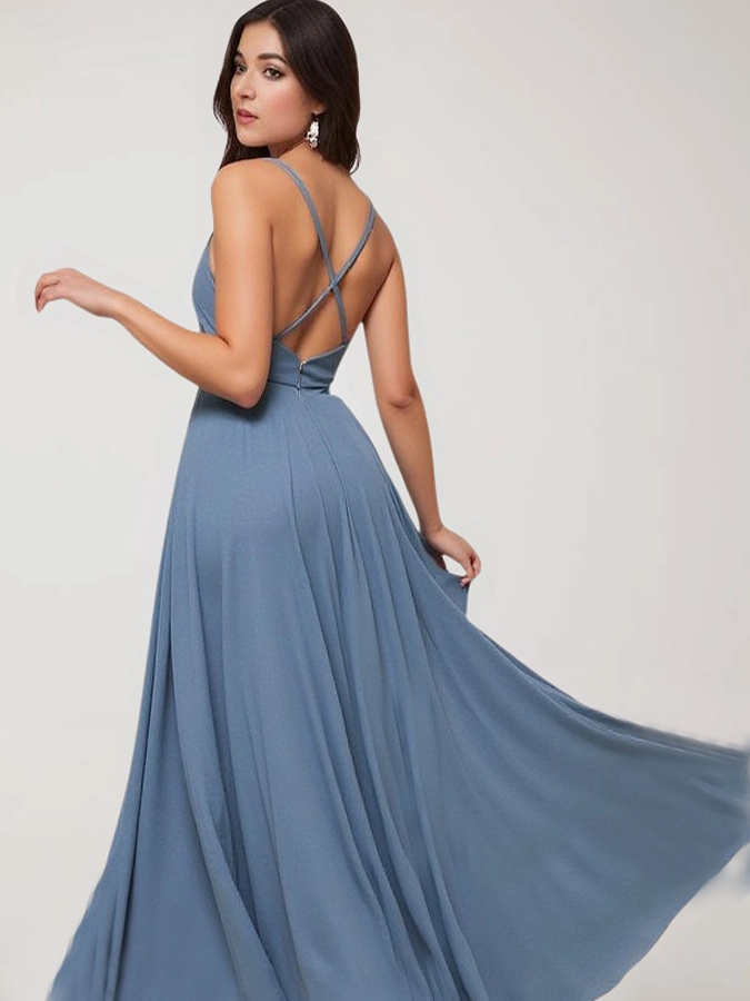 Mist Blue Prom Dresses Chiffon Bridesmaid Dresses Backless RSE947 Customized Evening Dress With Criss Cross Back 1