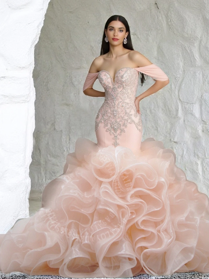 Luxury Mermaid Wedding Dress with Ruffle Train RSW1951 South Africa Crystal Lace Appliques Rose Gold Plus Size Bridal Gown 1