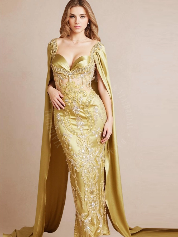 Dubai Gorgeous Gold Paljeteilla iltapuvut RSE948 Heavy helmillä koristeltu pitsiapplikaatiot Plus-kokoinen juhlamekko, jossa irrotettava viitta 1