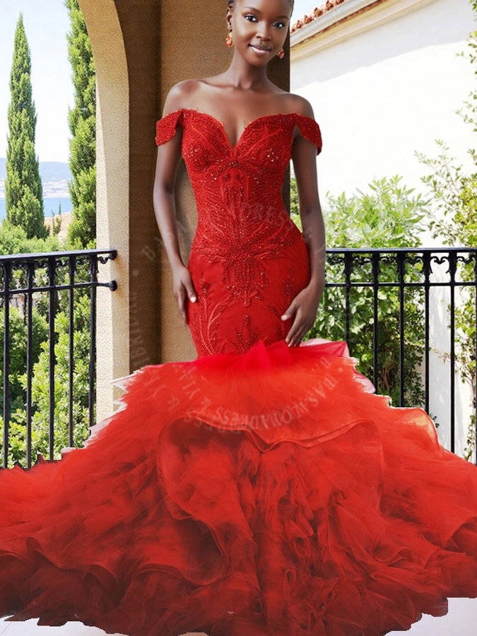 Luxury Off Shoulder Arabic Red Tulle Ruffles Mermaid Wedding Dress RSW2179 Beaded Crystals Reception Engagement Gowns 1