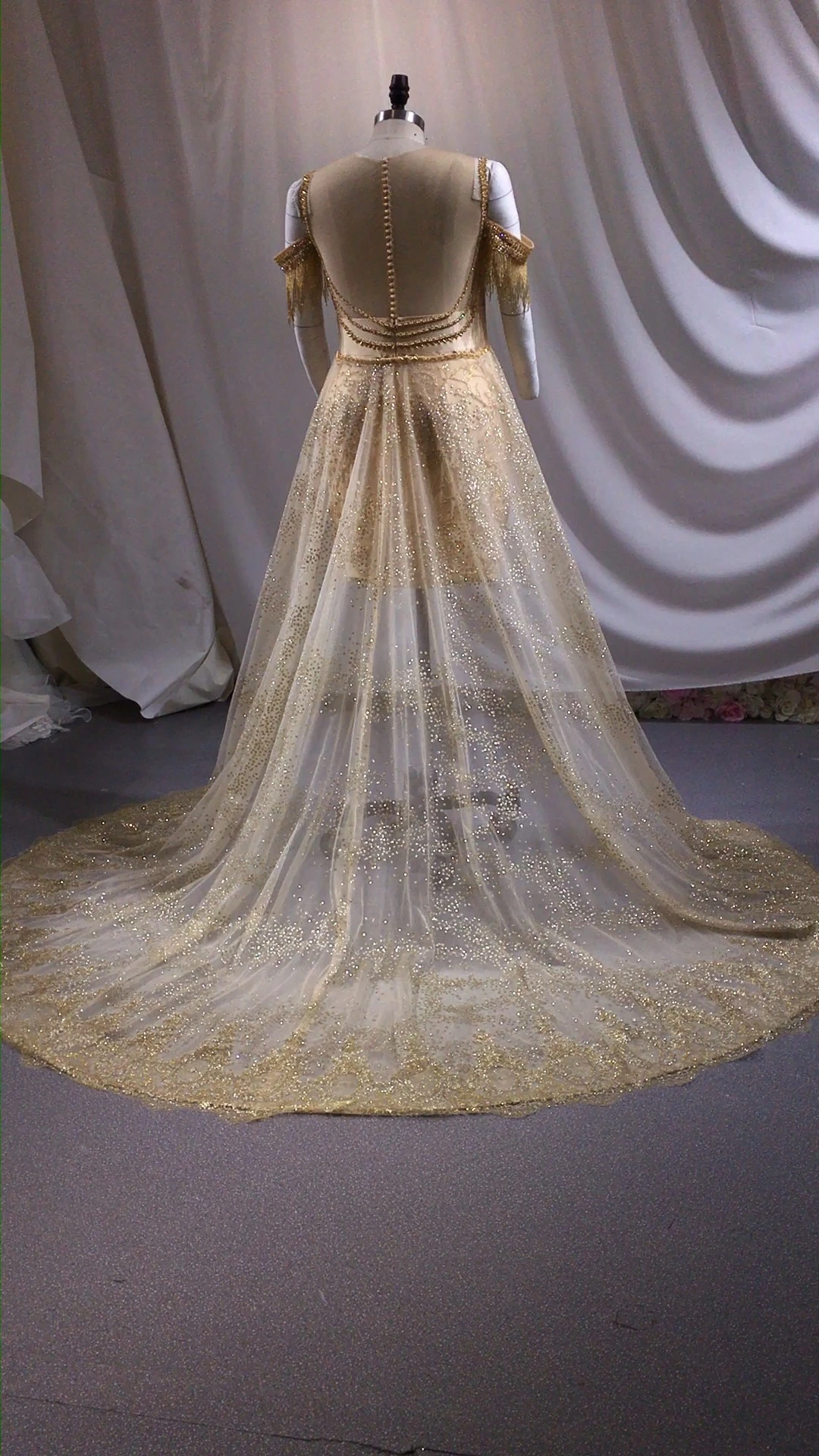 Gorgeous Gold Color Short Party Dress LZF165 Off The Shoulder Crystal Beading Wedding Reception Dress With Removable Train 1