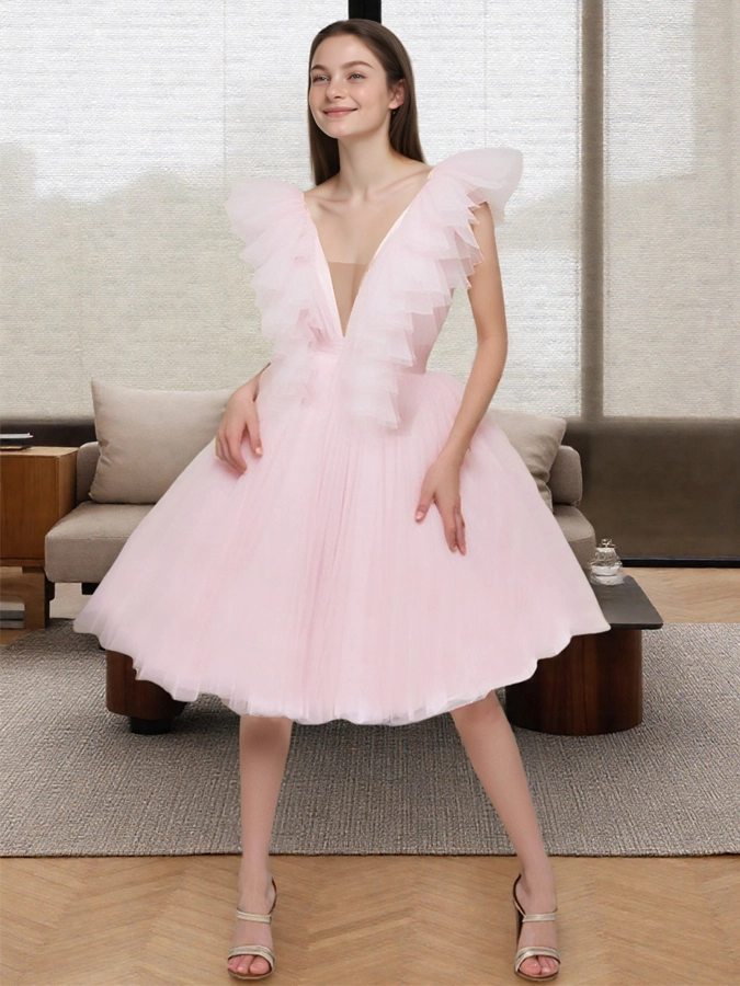 Pink Tulle Short Knee Length Birthday Dress RSE935 Wedding Party Dress Ruffle Cocktail Dress 1