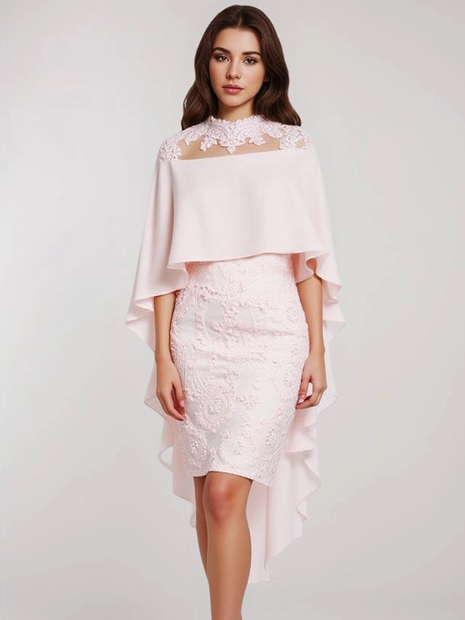 Pink Cocktail Dress Evening Dress RSE709 Chiffon Lace Applique Beaded High Neck Knee Length Mother Of The Bride Dress 1