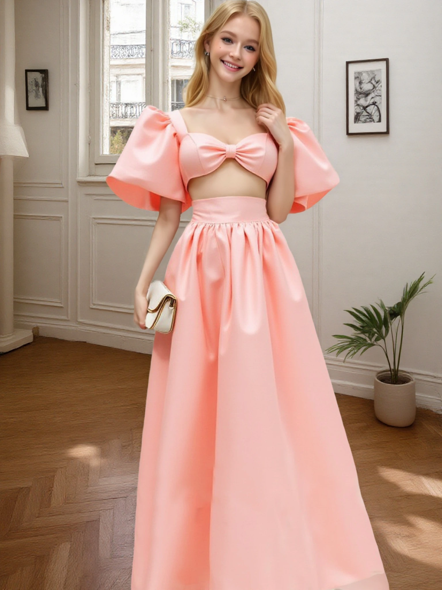 Puff Sleeves Midi Prom Dress RSE938 In Coral 2 Pieces Top And Fluffy Skirt Cocktail Party Gown With Slit 1