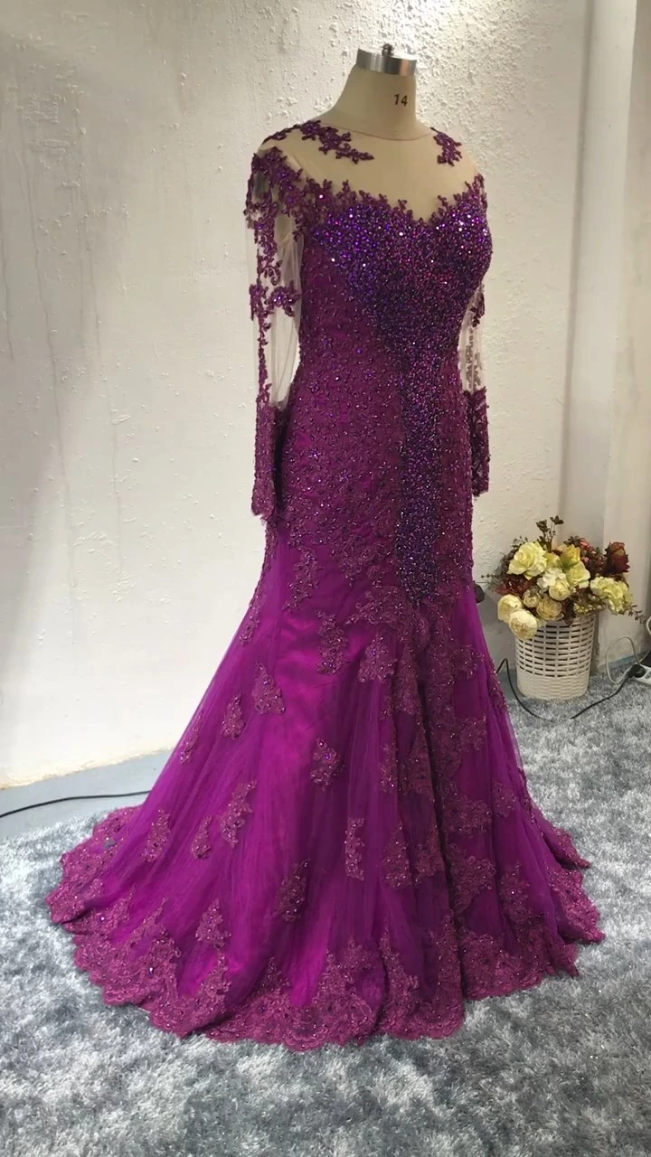 Gorgeous Purple Lace Appliques Mother Of The Bridal Dress RSE902 Long Sleeve High Slit Open Front 1