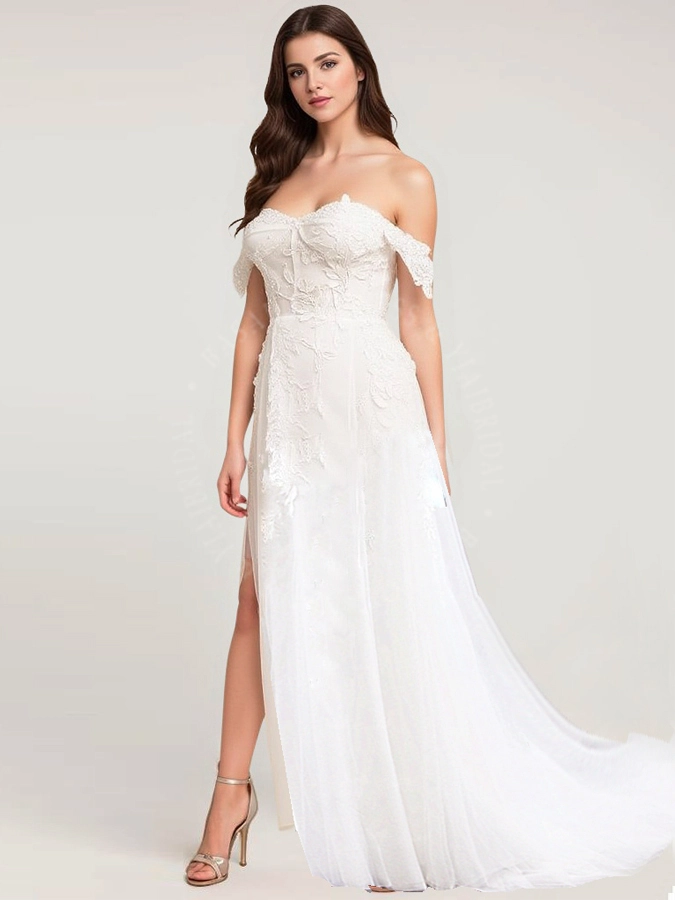 Off Shoulder Low Neckline Beach Wedding Dress With High Slit LZ497 Lace Appliqued Tulle Ivory Bridal Gowns 1