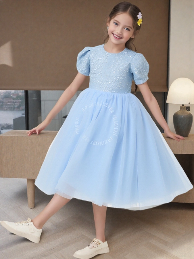 FG121 Niedliche kurze Ärmel, himmelblauer Tüll, bauschiger Ballkleid-Rock, Geburtstagsparty-Kleid für Kinder, Kleinkinder, Blumenmädchenkleider 1