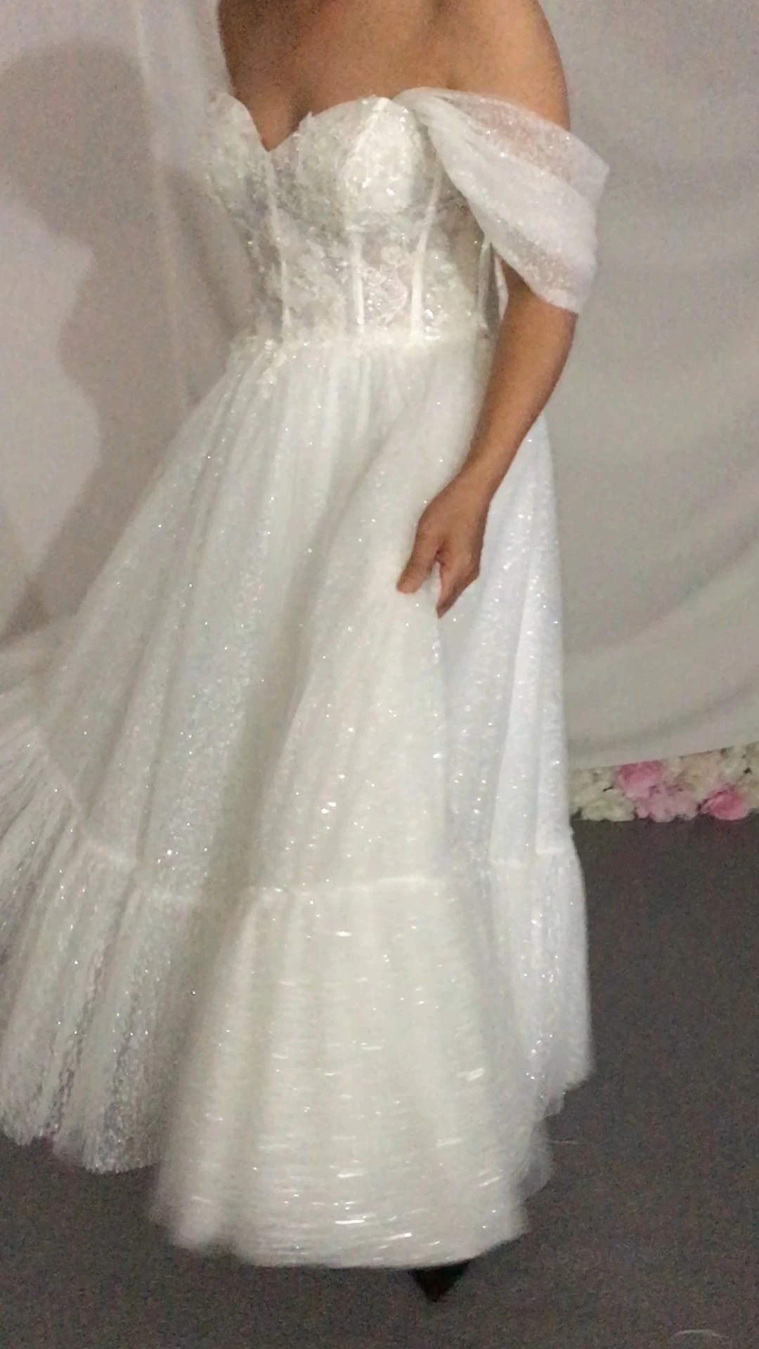 Off The Shoulder Tea Length Wedding Gown LZ499 Bling Bling Sparkly Glitters Civil Wedding Dress 1